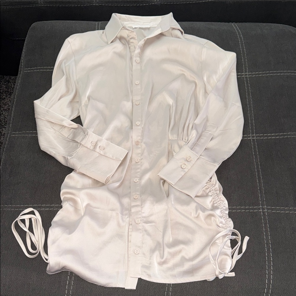 Cream Satin Button-Front Shirt Dress with Side Ties